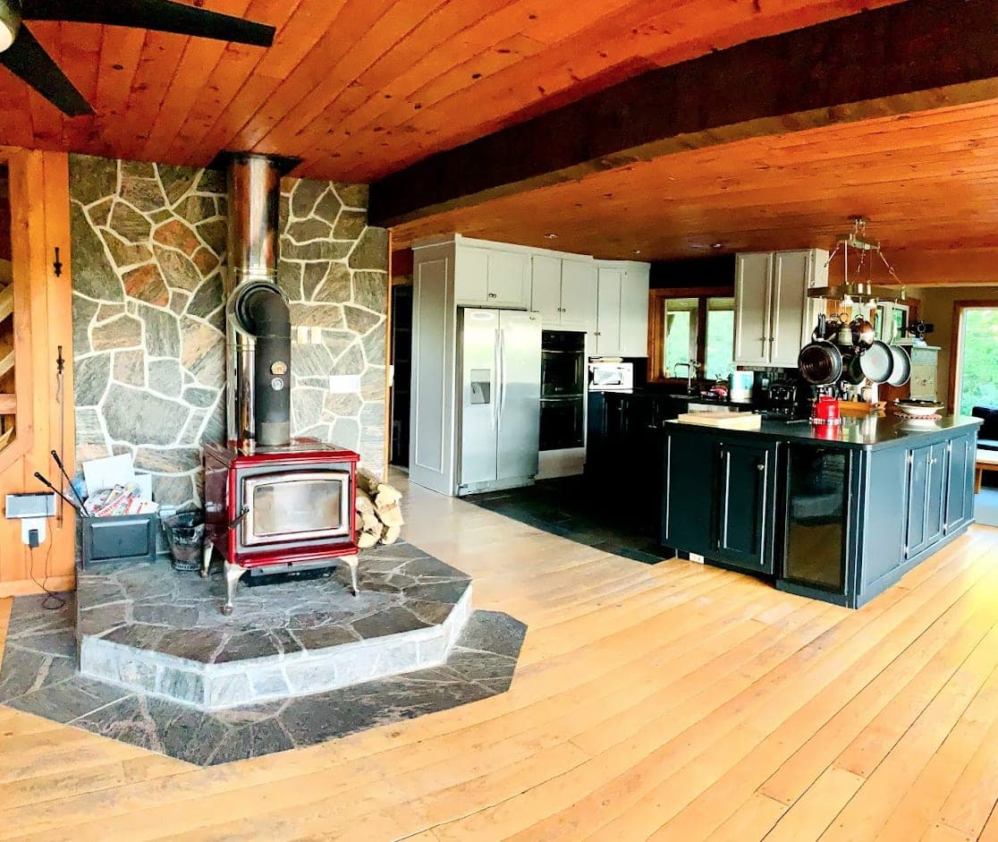 Kitchen and wood stove on a stone hearth