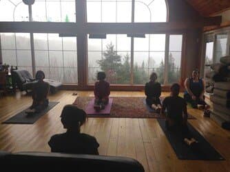 Yoga class in the great room