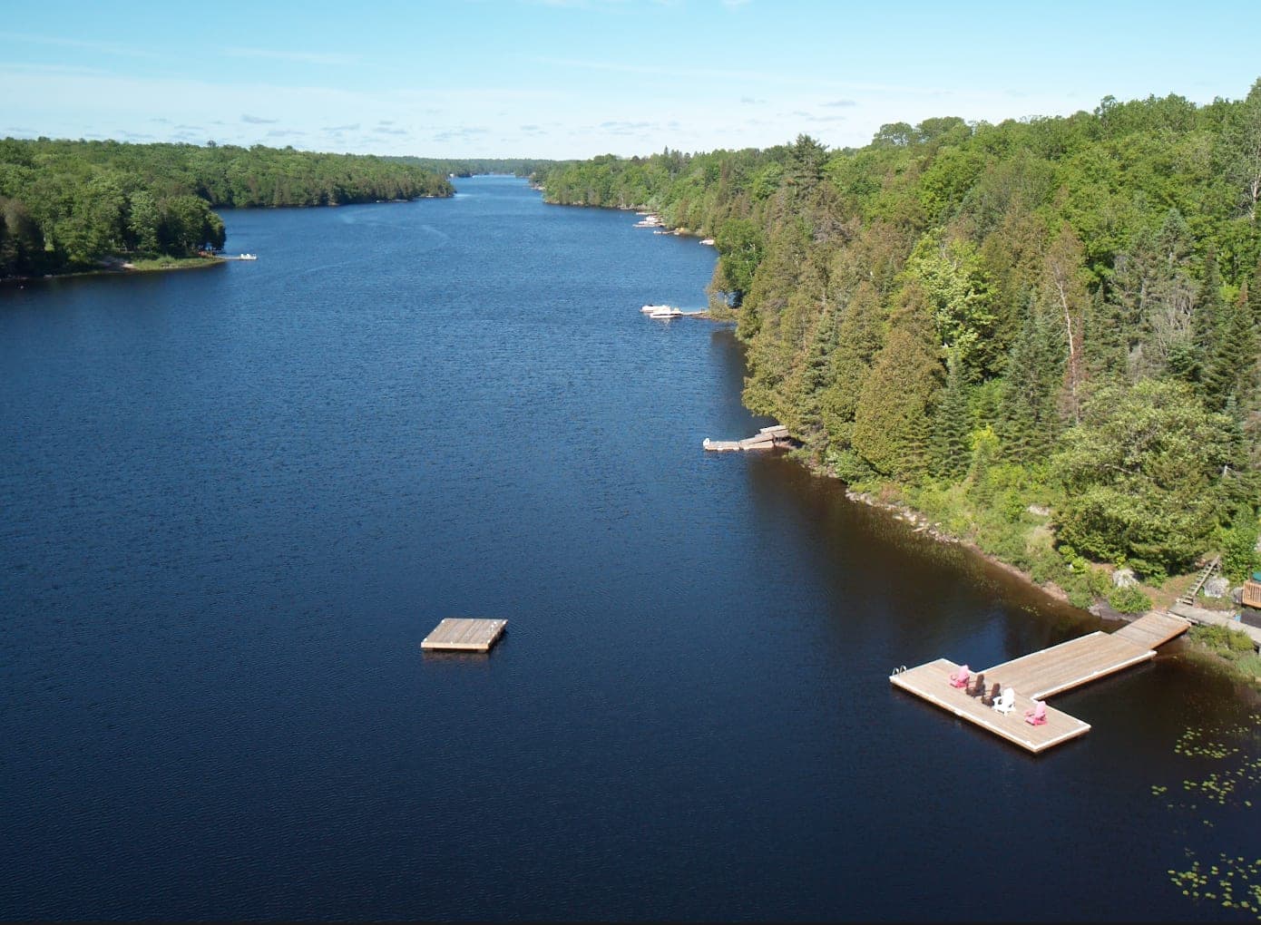 Aerial view of Whitestone Lake and the dock