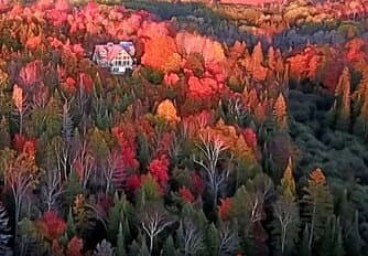 Aerial view of the cottage among fall colours