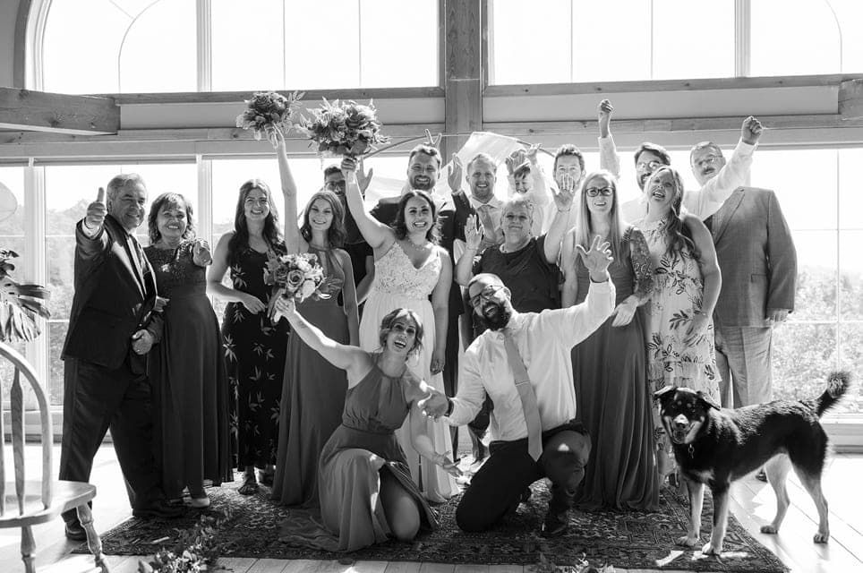 Wedding party group photo in black and white