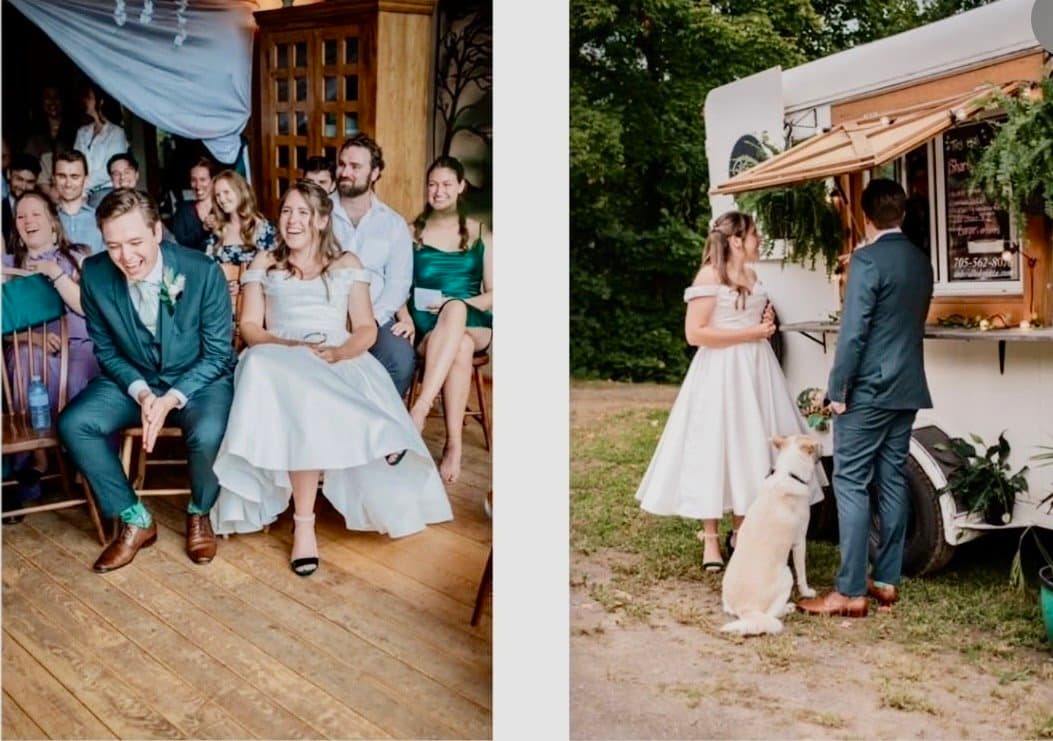 Wedding guests and the couple with their dog