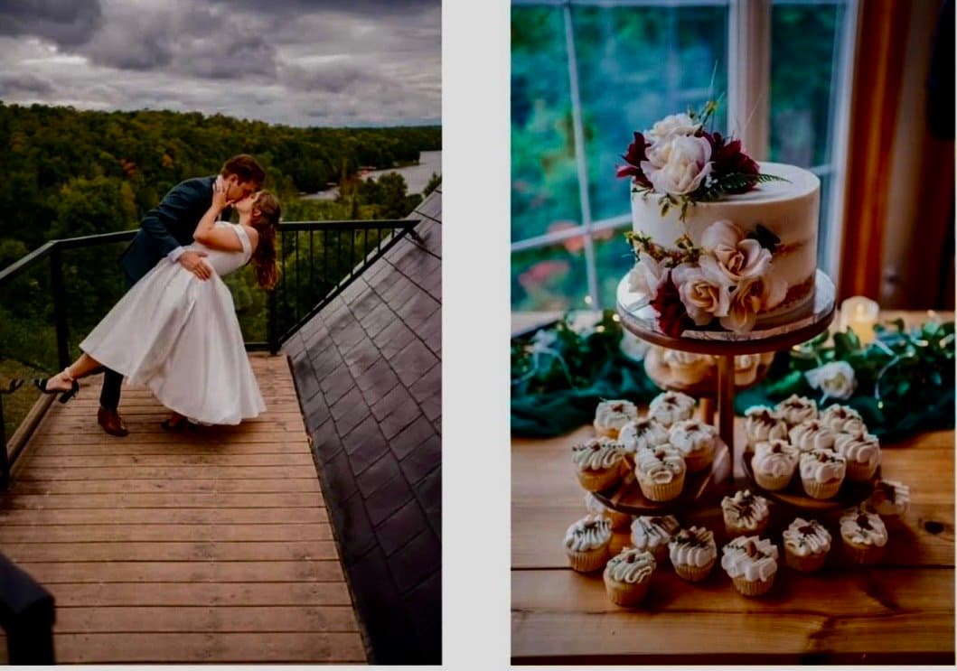 Couple kissing on the deck, and the wedding cake